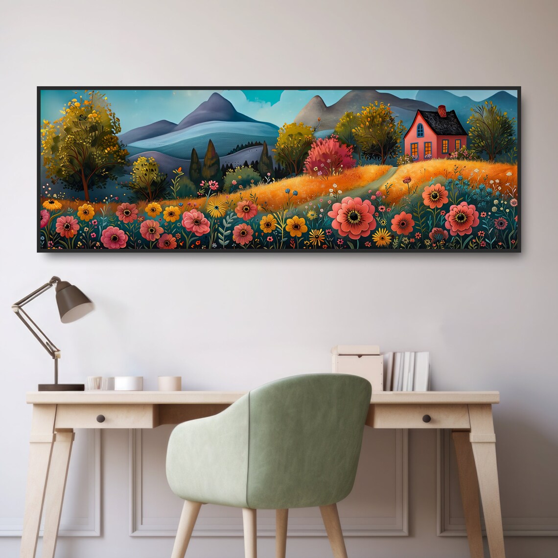 Whimsical Mountain Cottage Folk Art, Farmhouse Art Print - Image 2