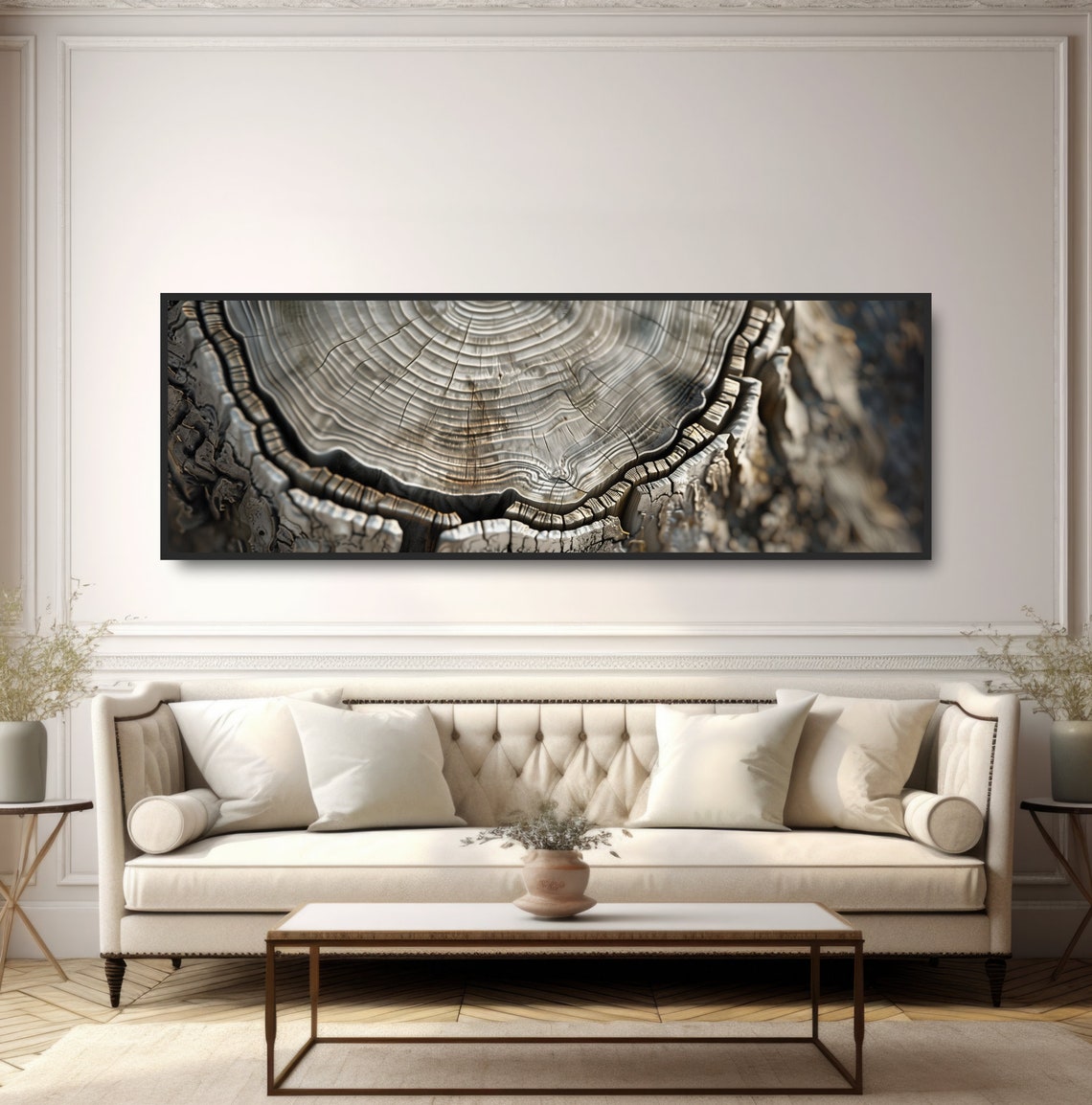 Weathered Tree Stump Growth Rings Cross Section Neutral Wood Wall Art - Image 5