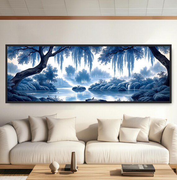 Willow Tree River Painting Print Panoramic Art Chinese Toile Wall Art Calm Tranquil Lake Scene Monochrome Blue Chinoiserie Artwork