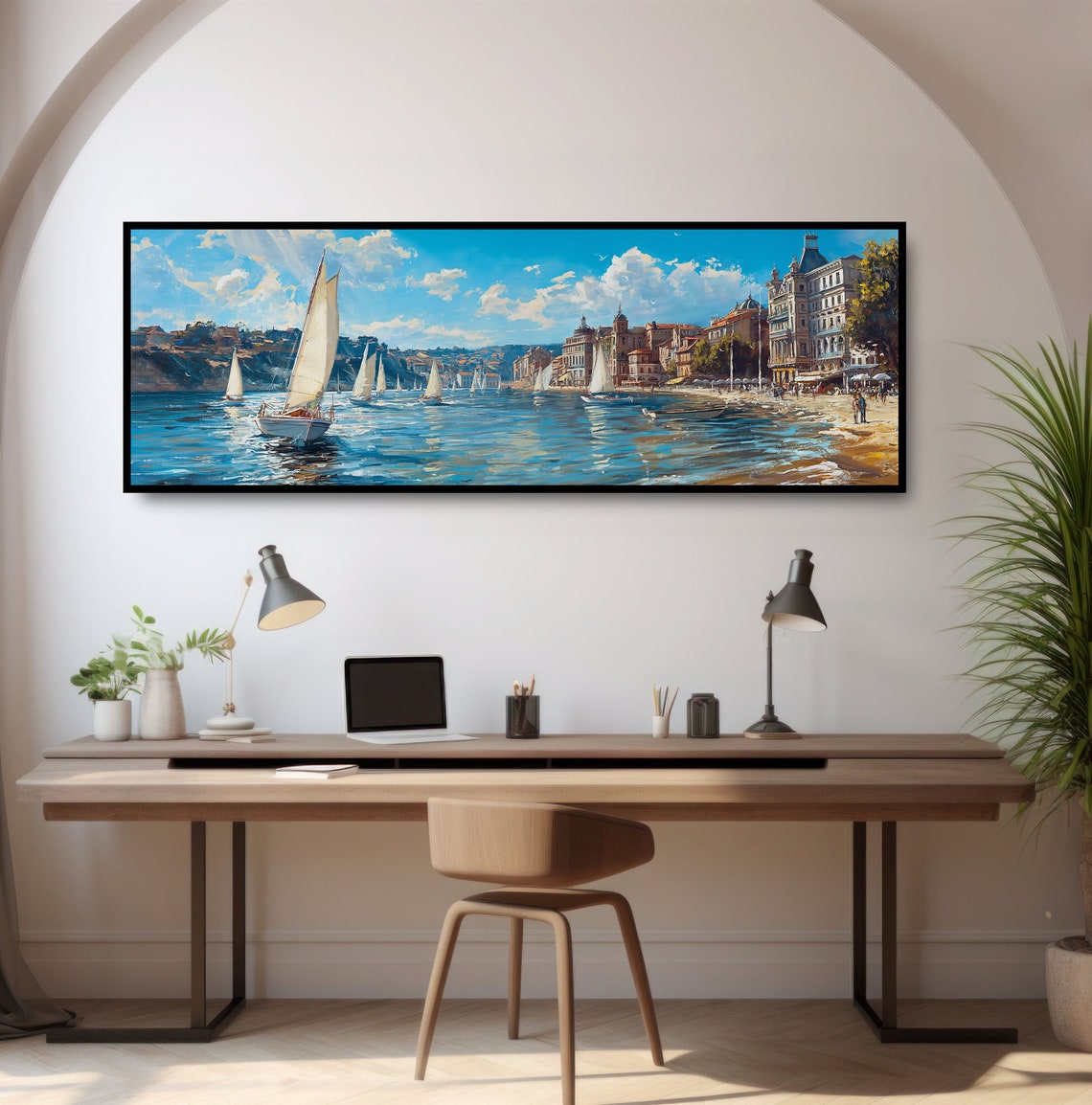 European Sailboats Oil Painting Print Vintage Ocean Nautical Decor Panoramic Mediterranean French Riviera Seascape Sea Beach Wall Art - Image 2