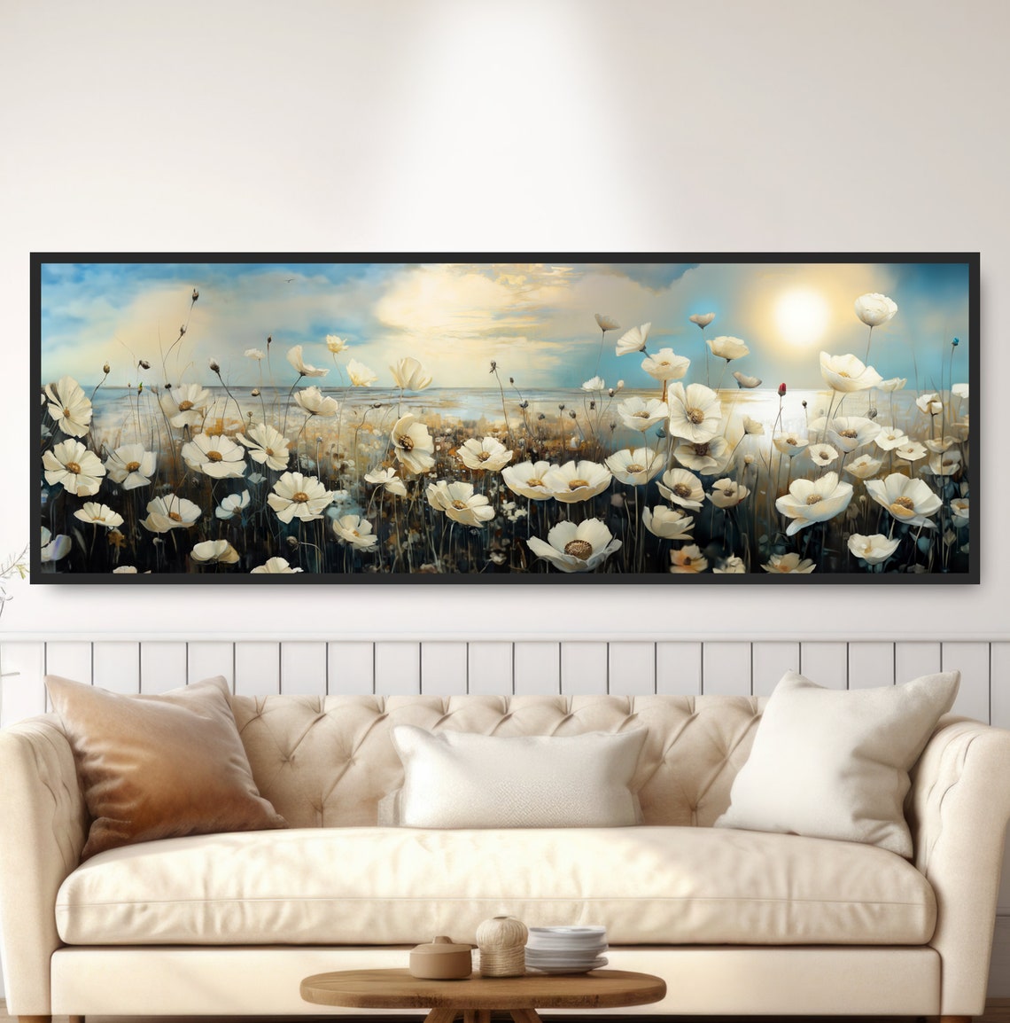 White Wildflowers Beach Sunset Romantic Floral Landscape Poster