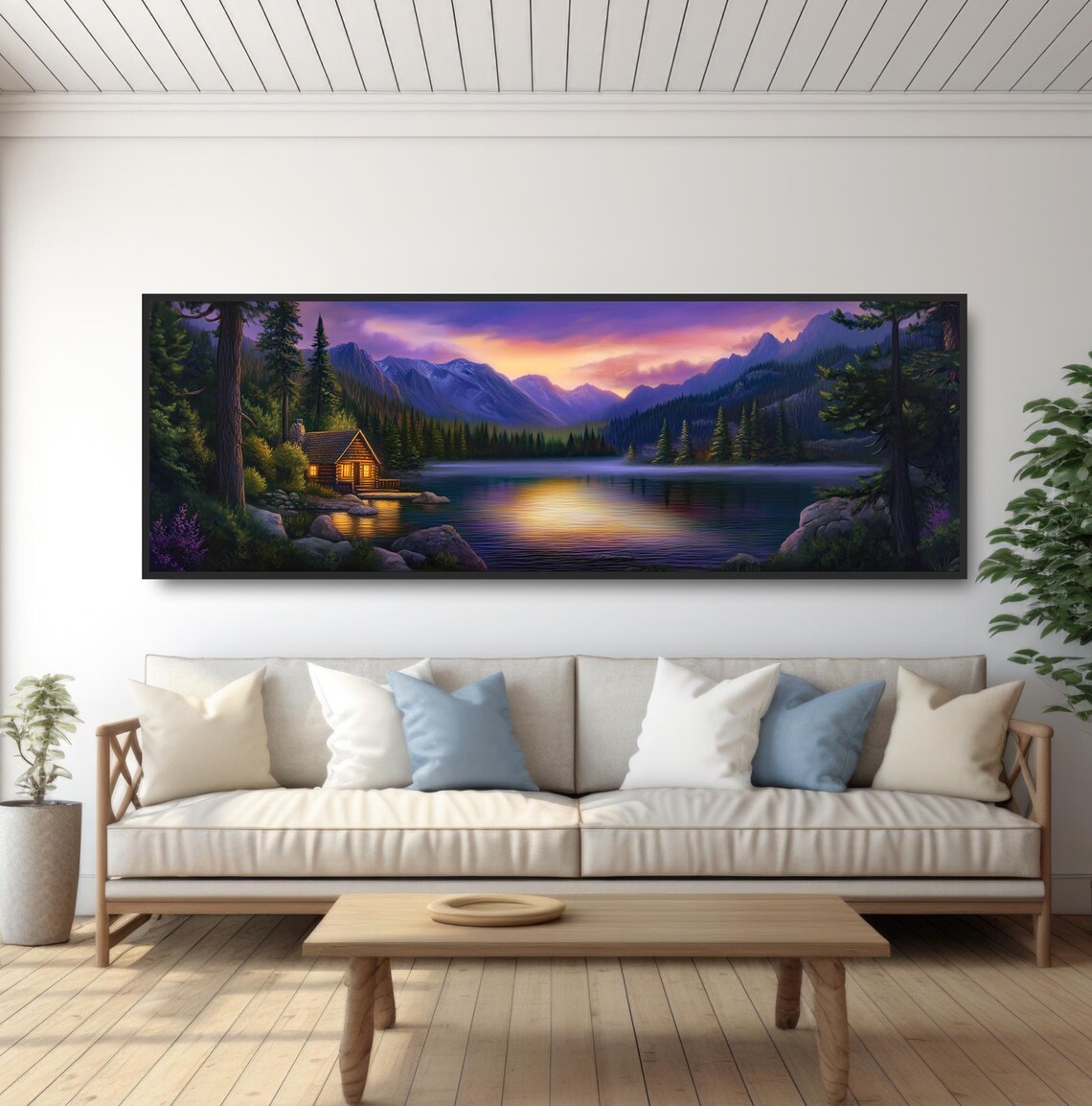 Blue Mountains Log Cabin Lake Sunset Art Print - Image 5