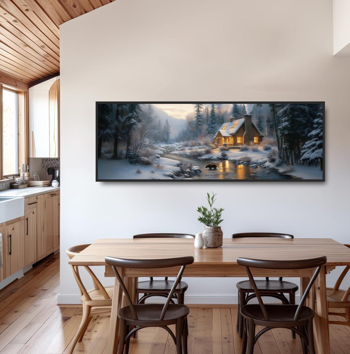 Winter Cabin Bear by Snowy River Mountain Lodge Dusk Landscape Poster - Image 3