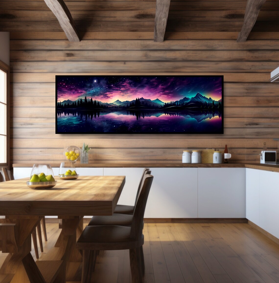 Starry Night Mountain Lake Reflection Fantasy Aurora Painting Poster - Image 3