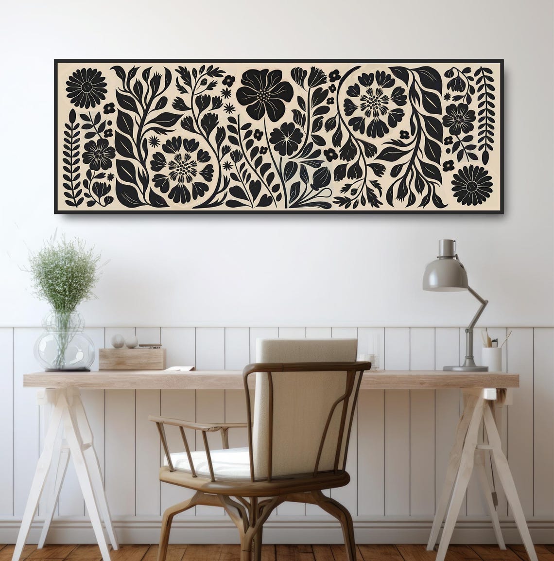 Bold Black Beige Botanical Print Asymmetric Floral Vines Decor Art - Image 2
