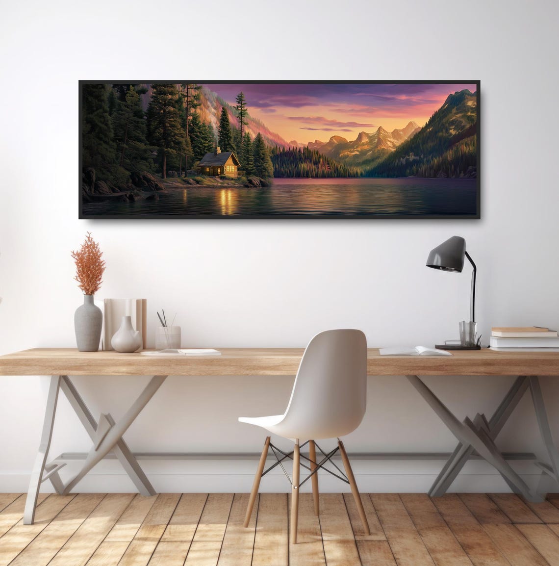 Lakeside Log Cabin Sunset Mountain Lake Panoramic Golden Sky Poster - Image 2