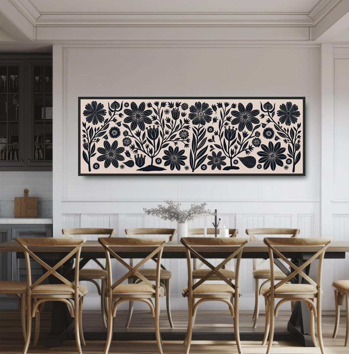 Black Beige Botanical Floral Pattern Minimalist Folk Home Decor Print - Image 3