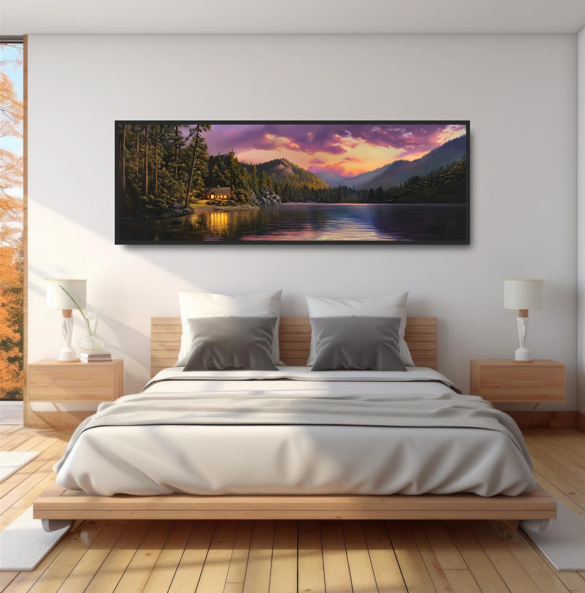 Rustic Lake Home Glowing Cabin Sunset Panoramic Purple Clouds Poster - Image 4