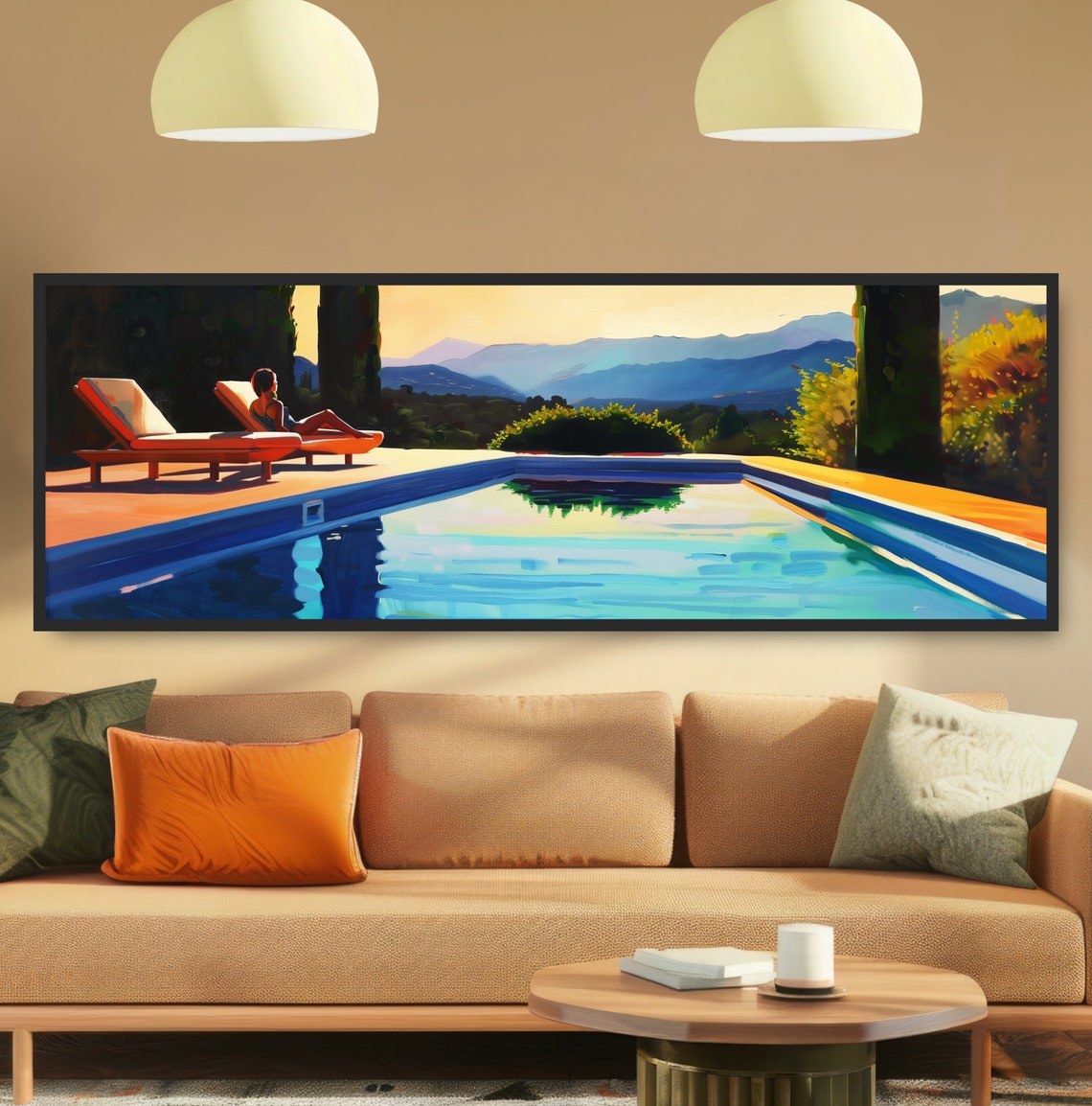Swimming Pool Oil Painting Bathing Suit Woman In Lounge Chair Midcentury Modern Decor Sunset Blue Mountains Orange Yellow Golden Sunrise
