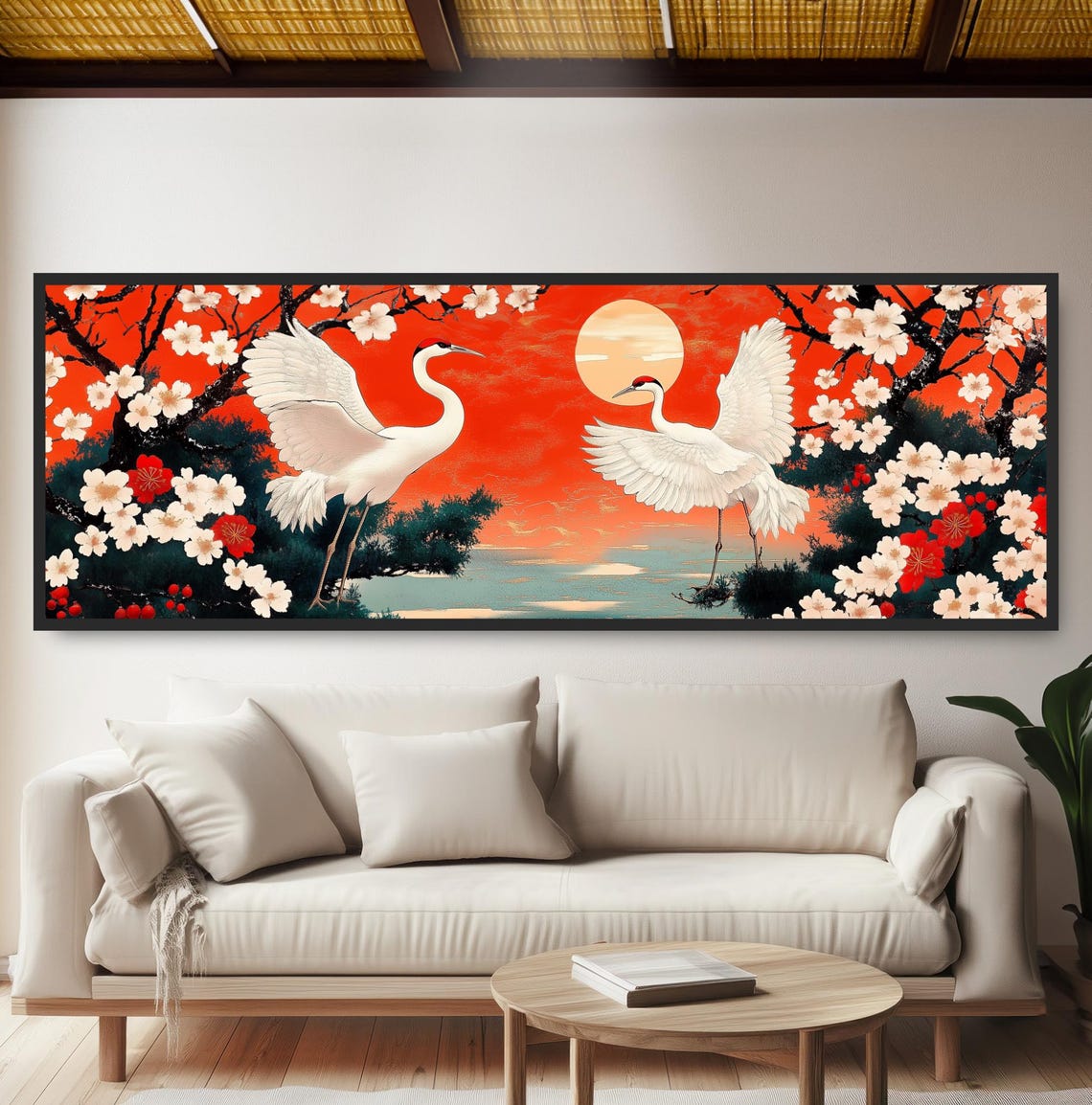Japanese Cranes Red Sunset Painting Cherry Blossom Birds Print