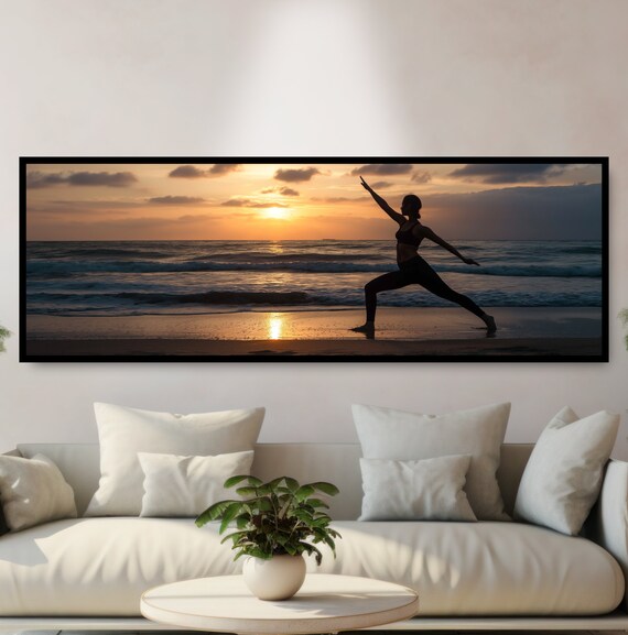 Beach Yoga Warrior Pose Sunrise Silhouette Zen Inspirational Poster