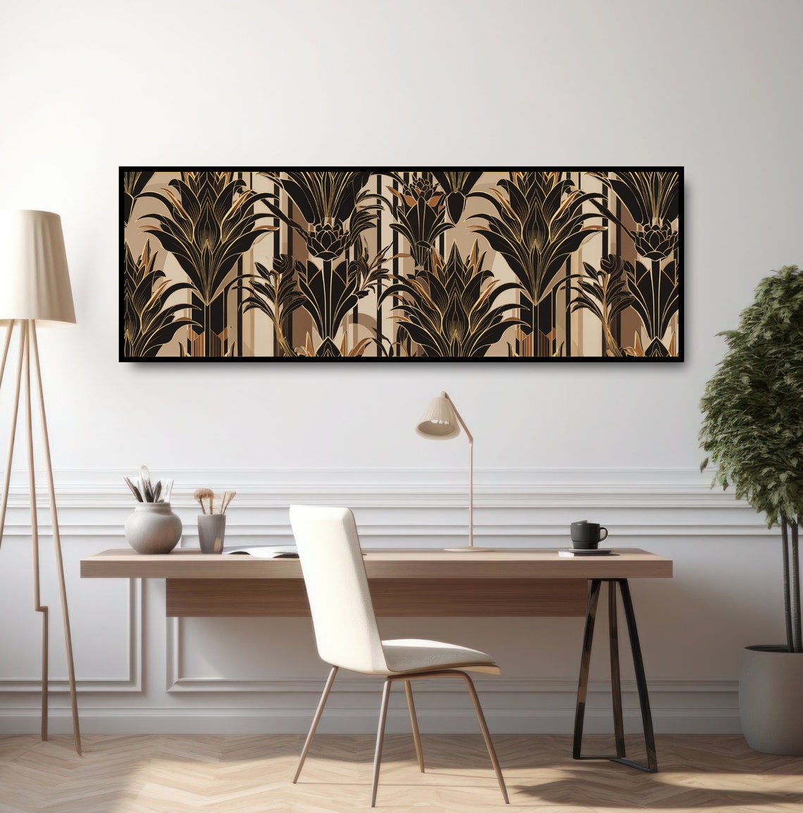 Art Deco Botanical Pattern Black Gold Luxury Fronds Wall Decor Print - Image 2