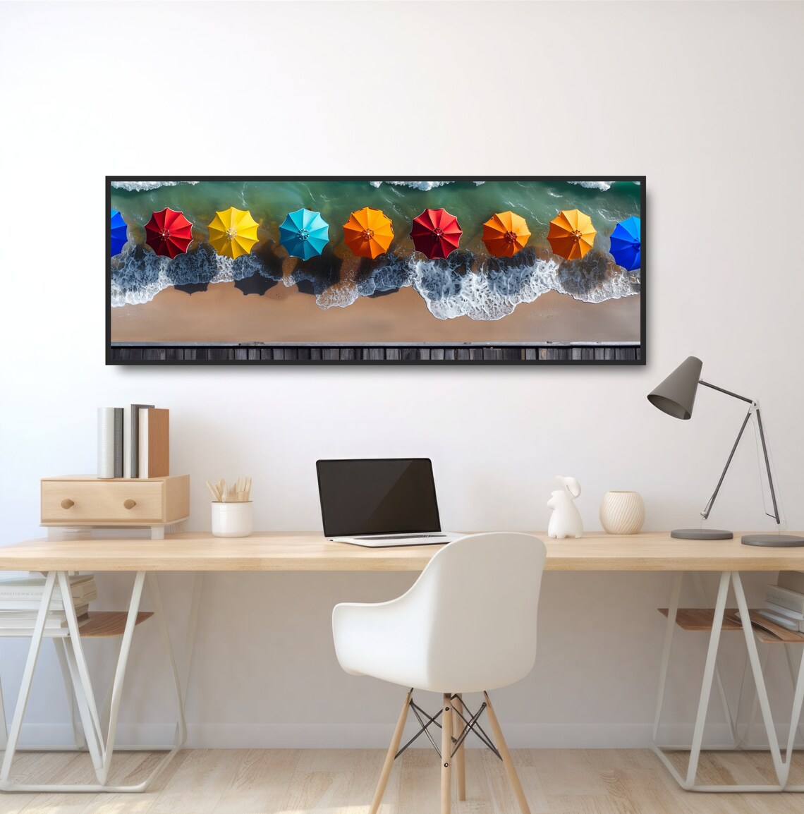 Aerial Colorful Beach Umbrellas Shoreline Waves Birdseye Photo Poster - Image 2