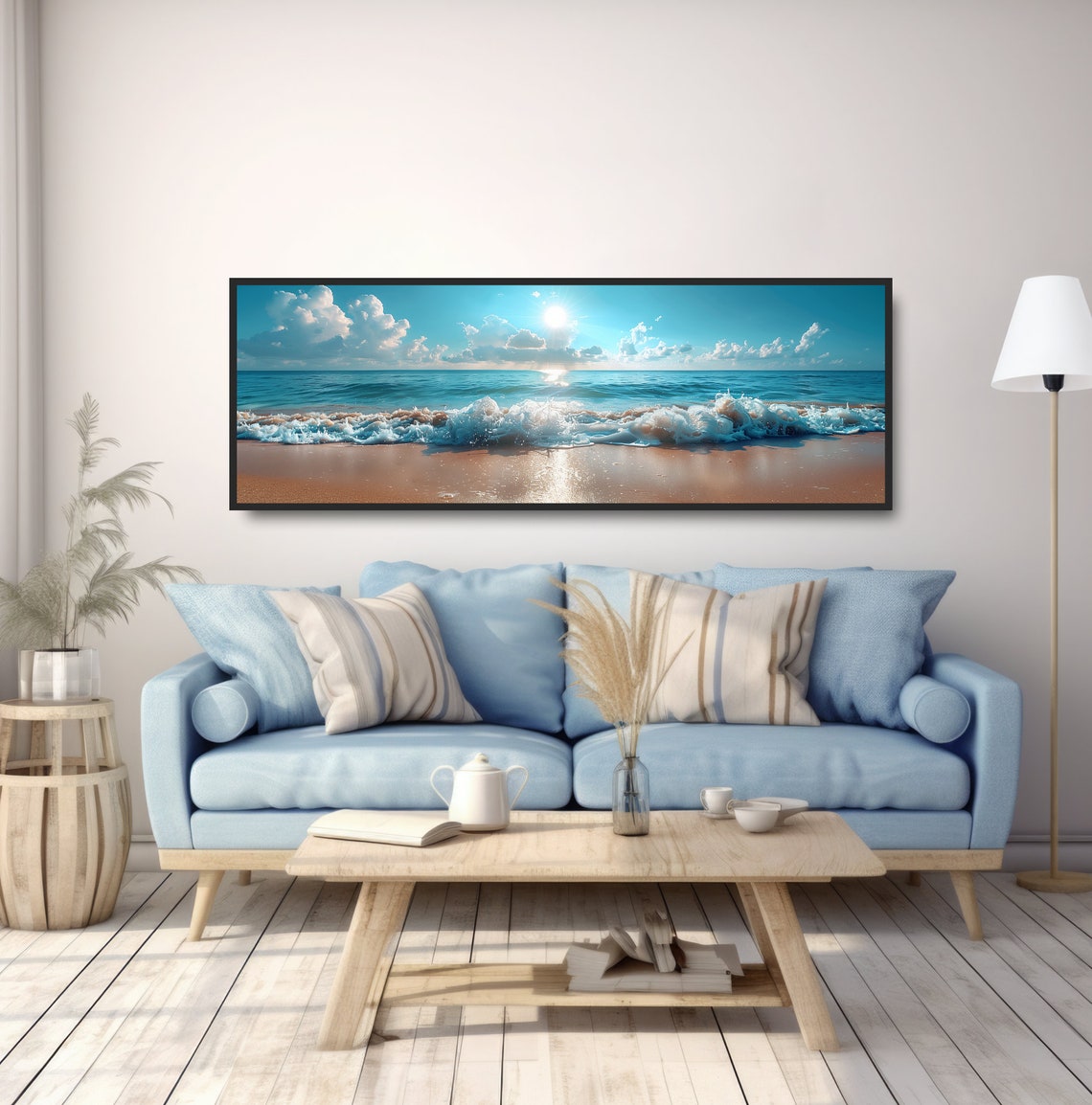 Beach Shoreline Sun Reflections Photograph Tropical Coastal Decor Blue Sky Waves Sand Clouds Shoreline Wall Art Panoramic Beachscape Photo - Image 5