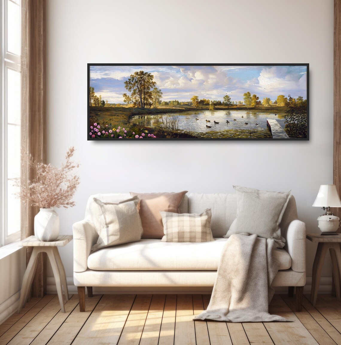 Duck Pond Morning Wooden Dock Panoramic Traditional Landscape Poster - Image 5