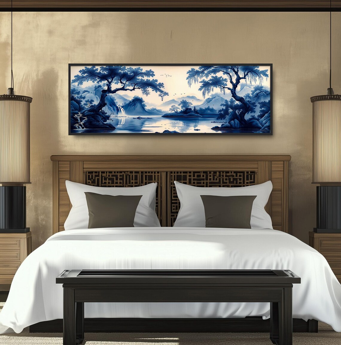 Asian Blue Waterfall Lake Painting Chinoiserie Misty Morning Print - Image 4