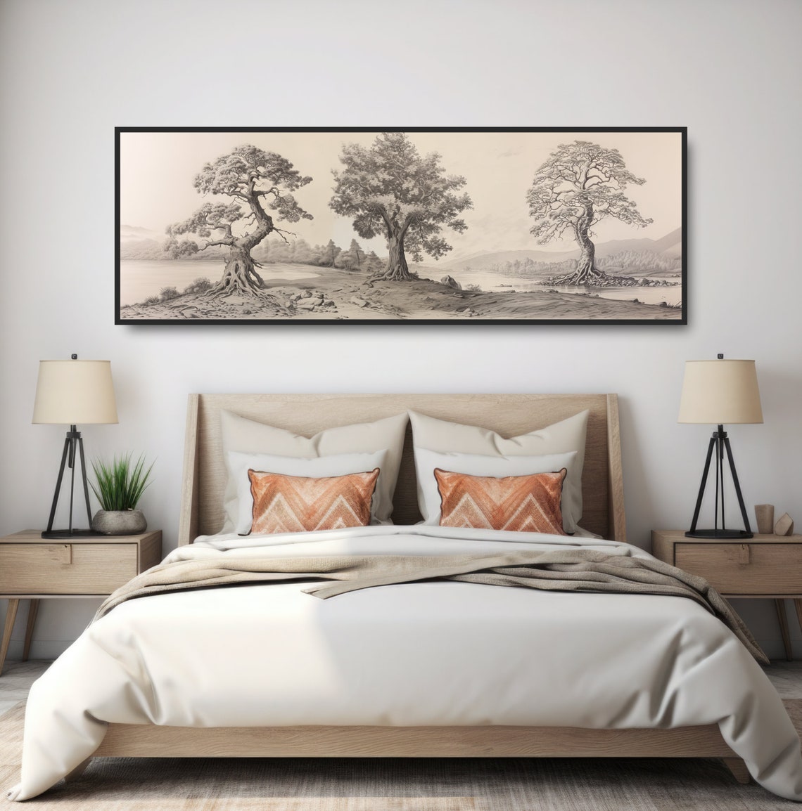 Three Trees Vintage Drawing Sepia Landscape Farmhouse Wall Art - Image 5
