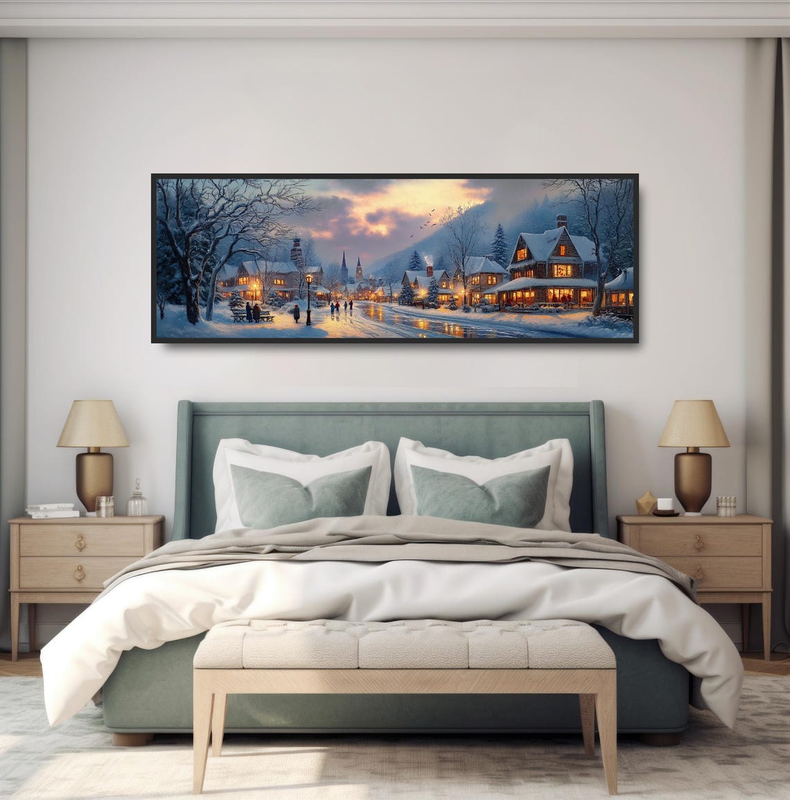 Snow Covered Town Church Spires Lamplight Dusk Winter Scene Poster - Image 4