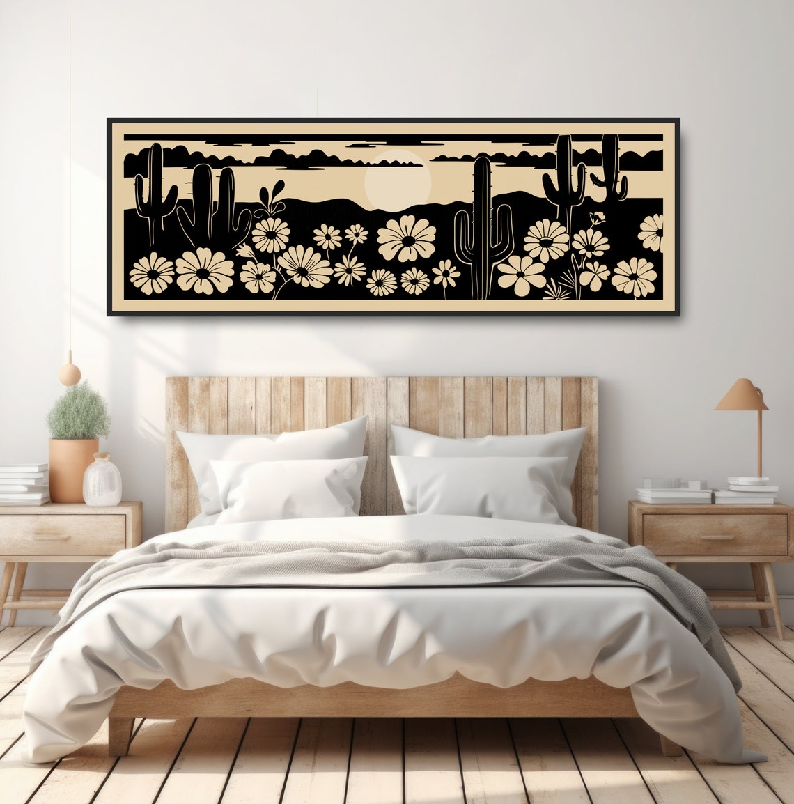 Retro Desert Daisies Saguaro Cactus Woodcut Floral Landscape Poster - Image 4