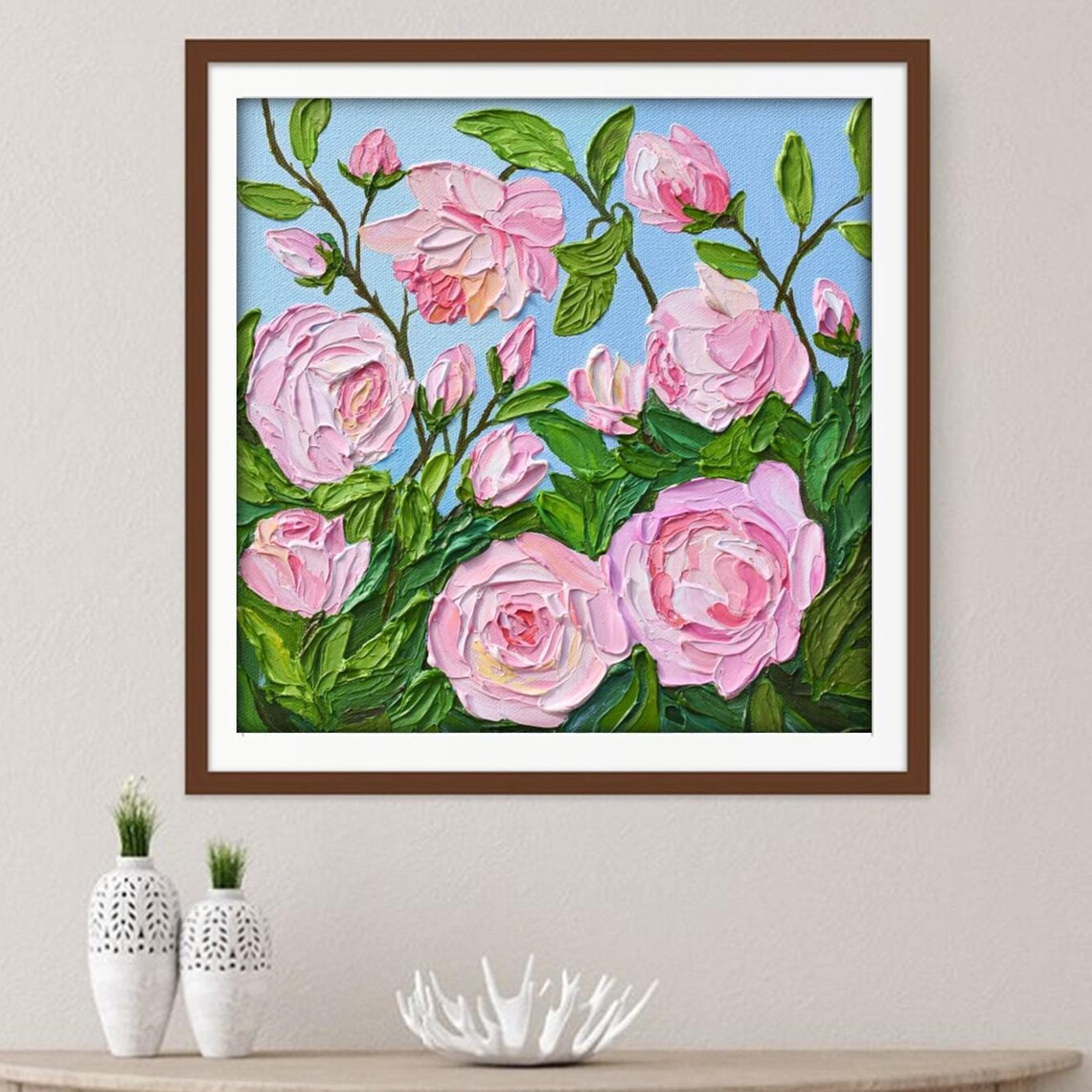 Pink Roses Painting Impasto Textured Floral Artwork Green Leaves Print