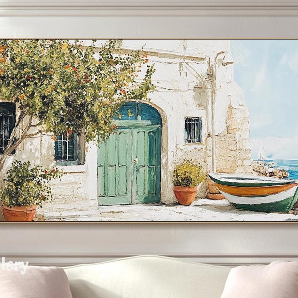 Mediterranean White House With Green Door And Orange Tree Wall Art - Image 2