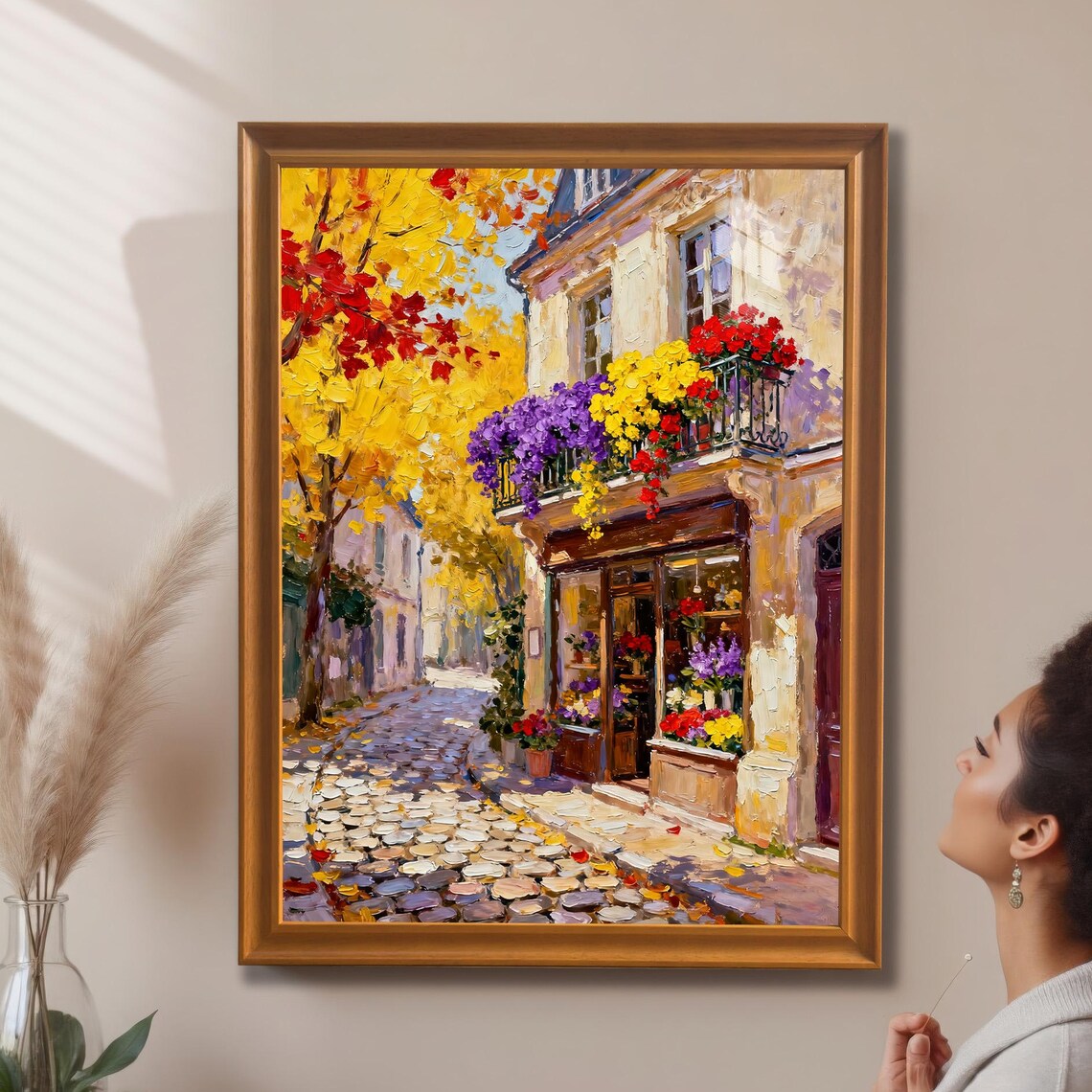 Cobblestone Street Art Print Impressionist Autumn Flowers Wood Frame