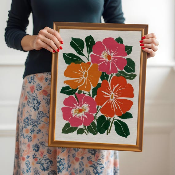 Vibrant Midcentury Floral Art Print Modern Abstract Flower Wall Decor Wood Framed Giclee Poster