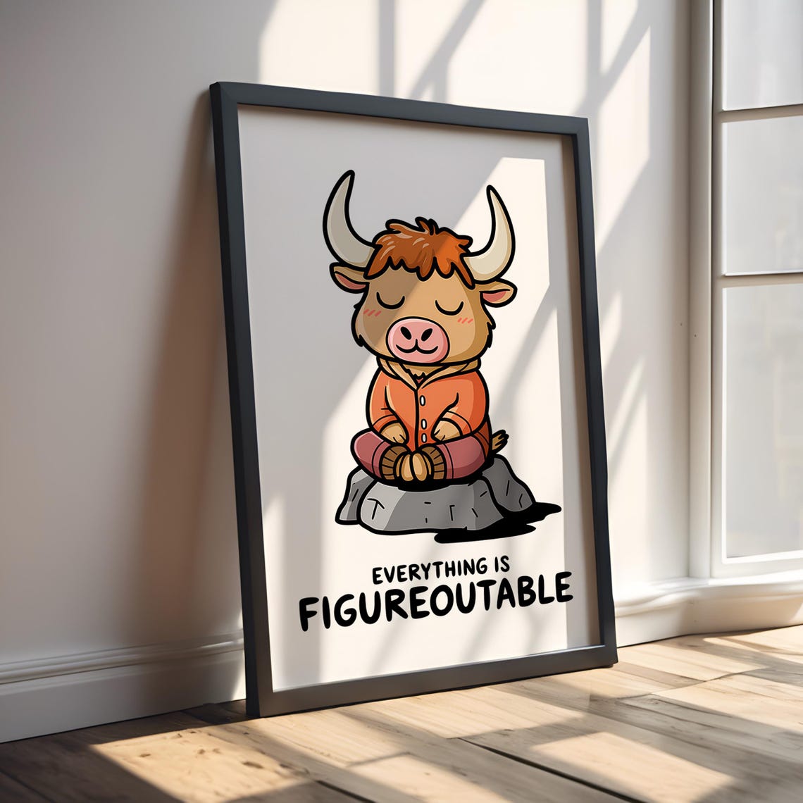 Everything Is Figureoutable Meditating Highland Cow Quote Poster - Image 3