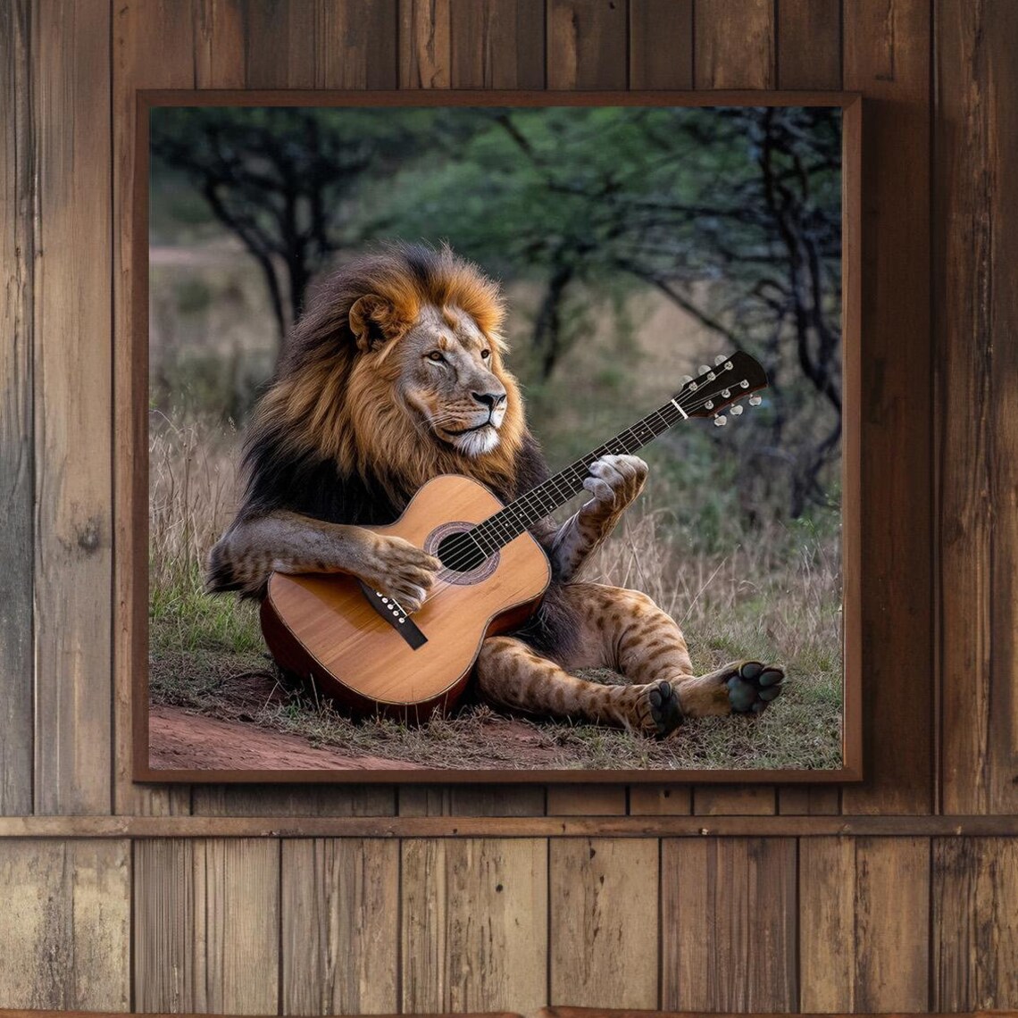 Lion Playing Acoustic Guitar, Funny Safari Poster