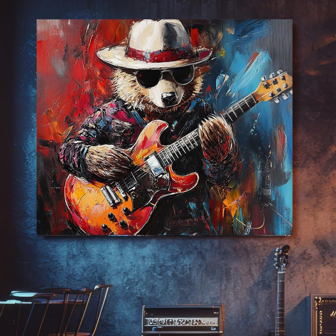 Bear Print, Funny Abstract Guitar Playing Grizzly