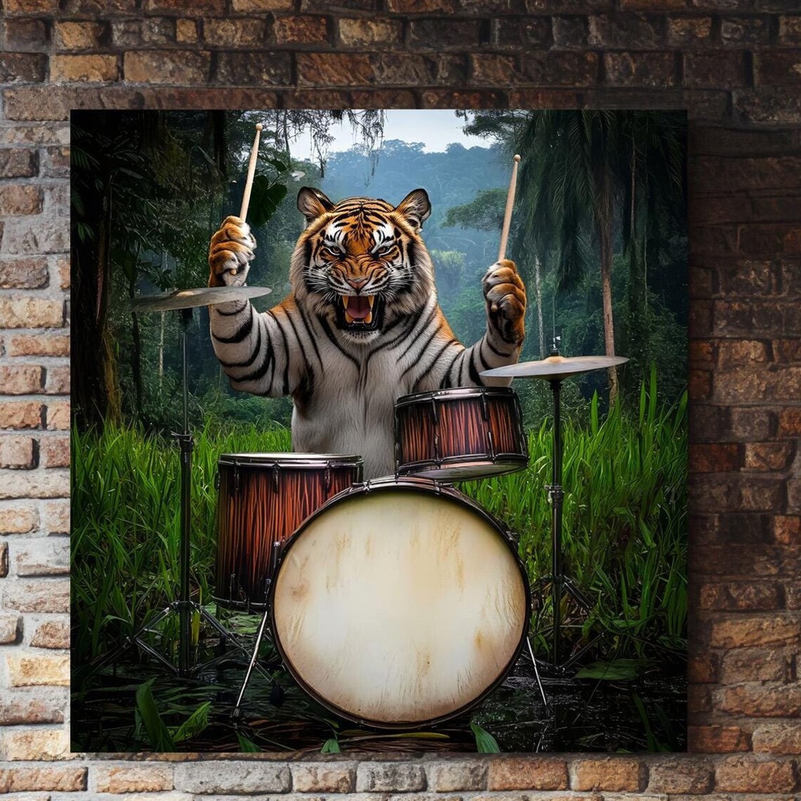 Tiger Playing Drums, Abstract Music Studio Art