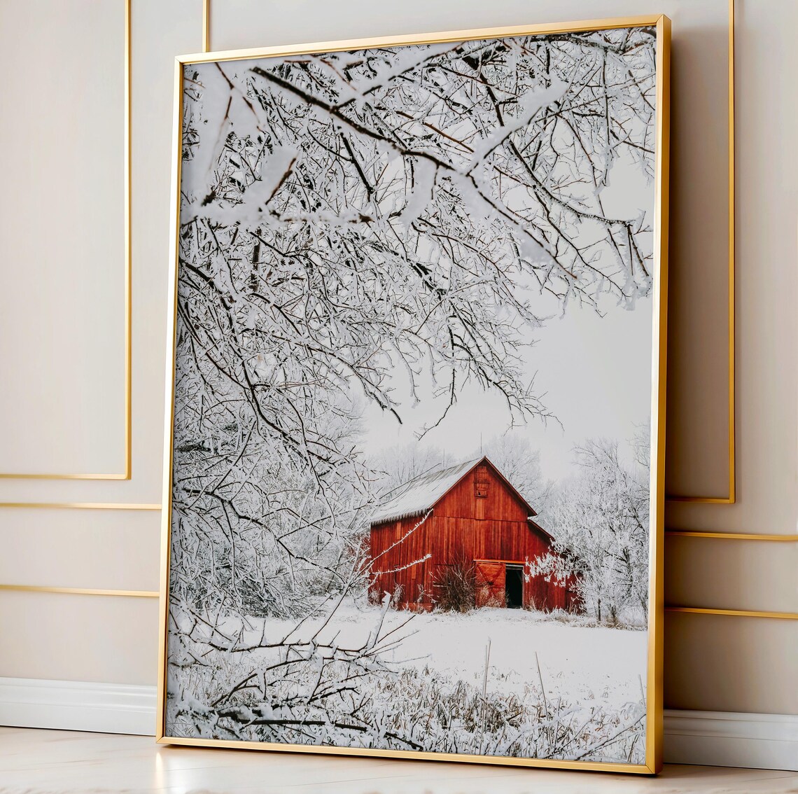 Red Barn Snowy Winter Photography Farmhouse Landscape Art Print