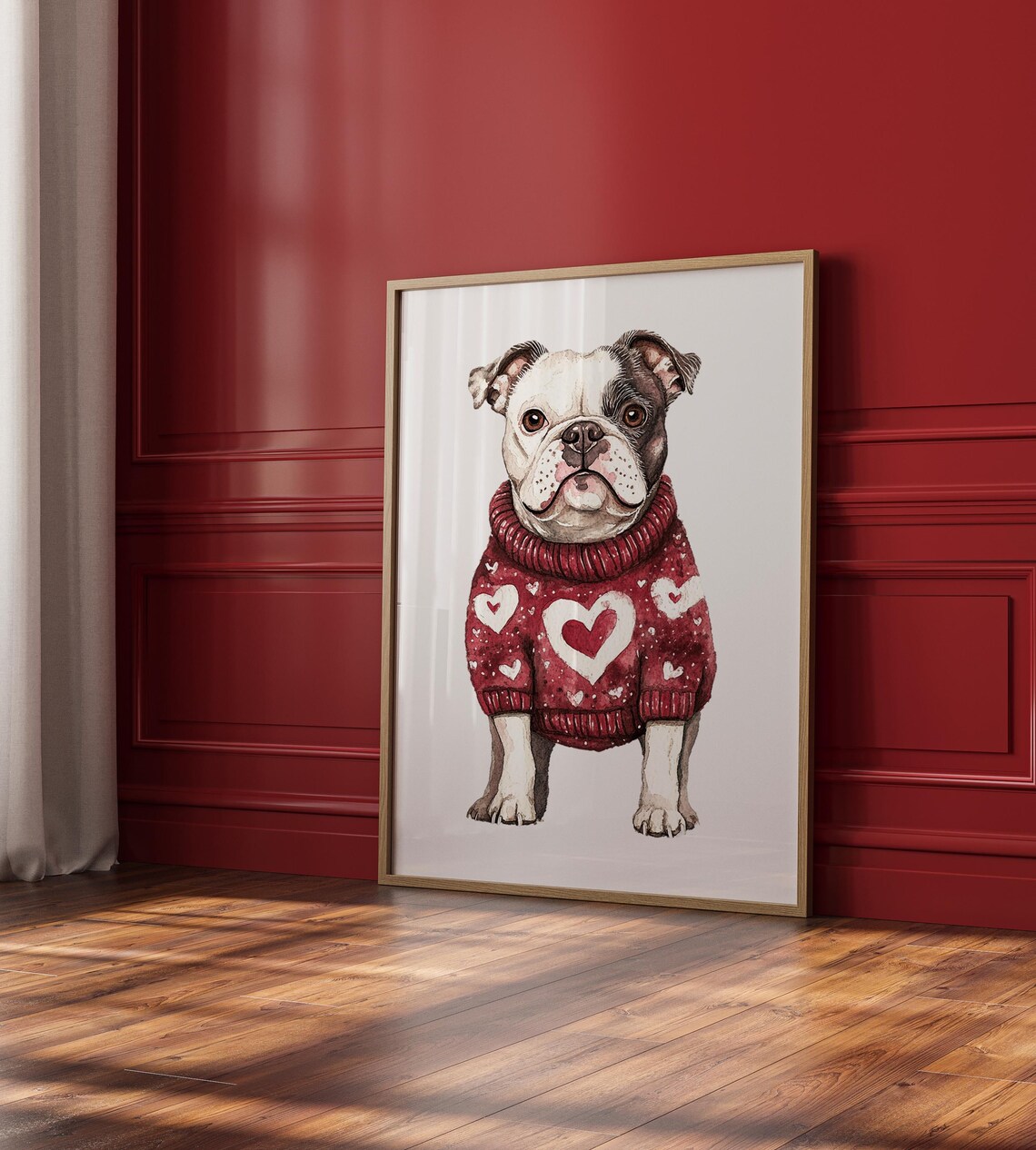Bulldog Red Heart Sweater Watercolor Valentine Dog Portrait Poster - Image 2