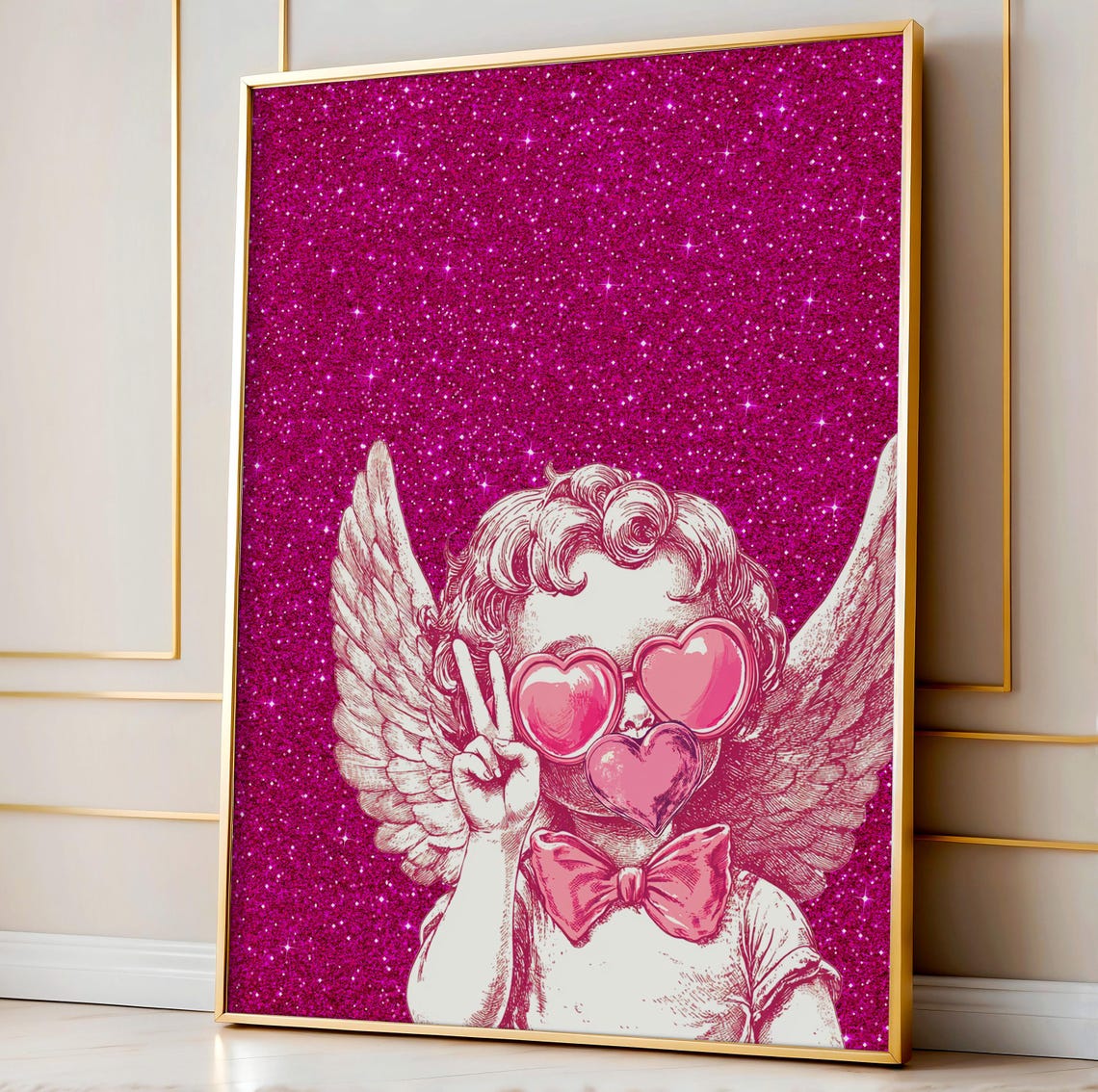 Pink Glitter Cupid Heart Sunglasses Sparkle Trendy Valentine Poster