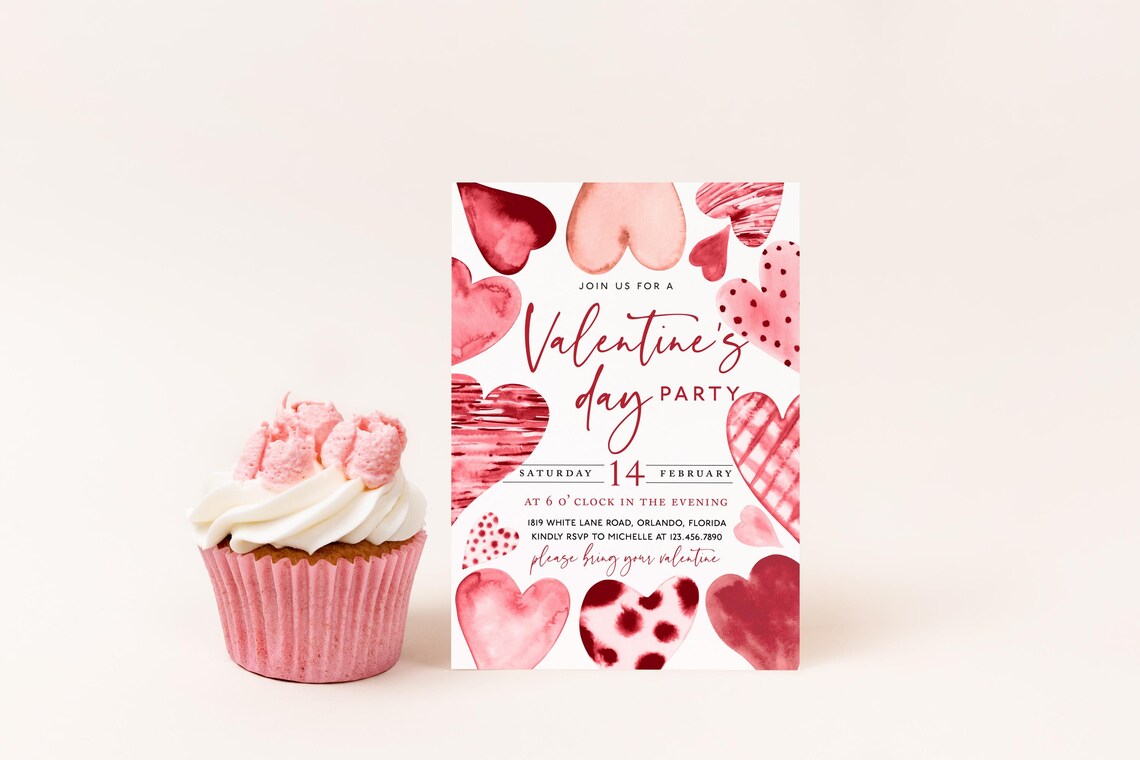Valentines Day Party Invitation Watercolor Hearts Editable Print - Image 2