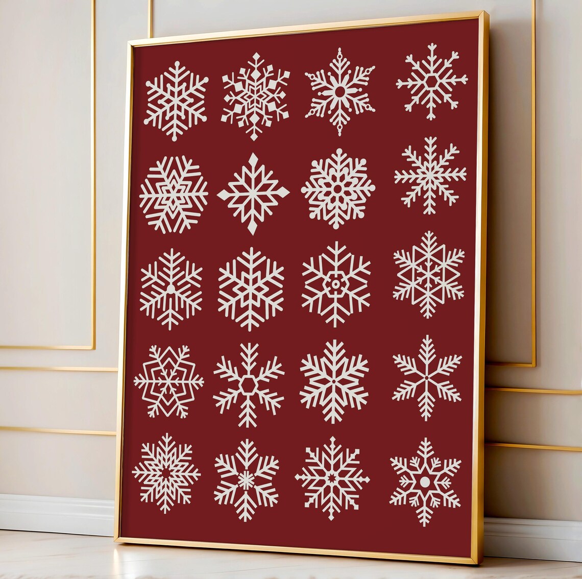 White Snowflakes On Burgundy Twenty Flake Scandinavian Winter Poster
