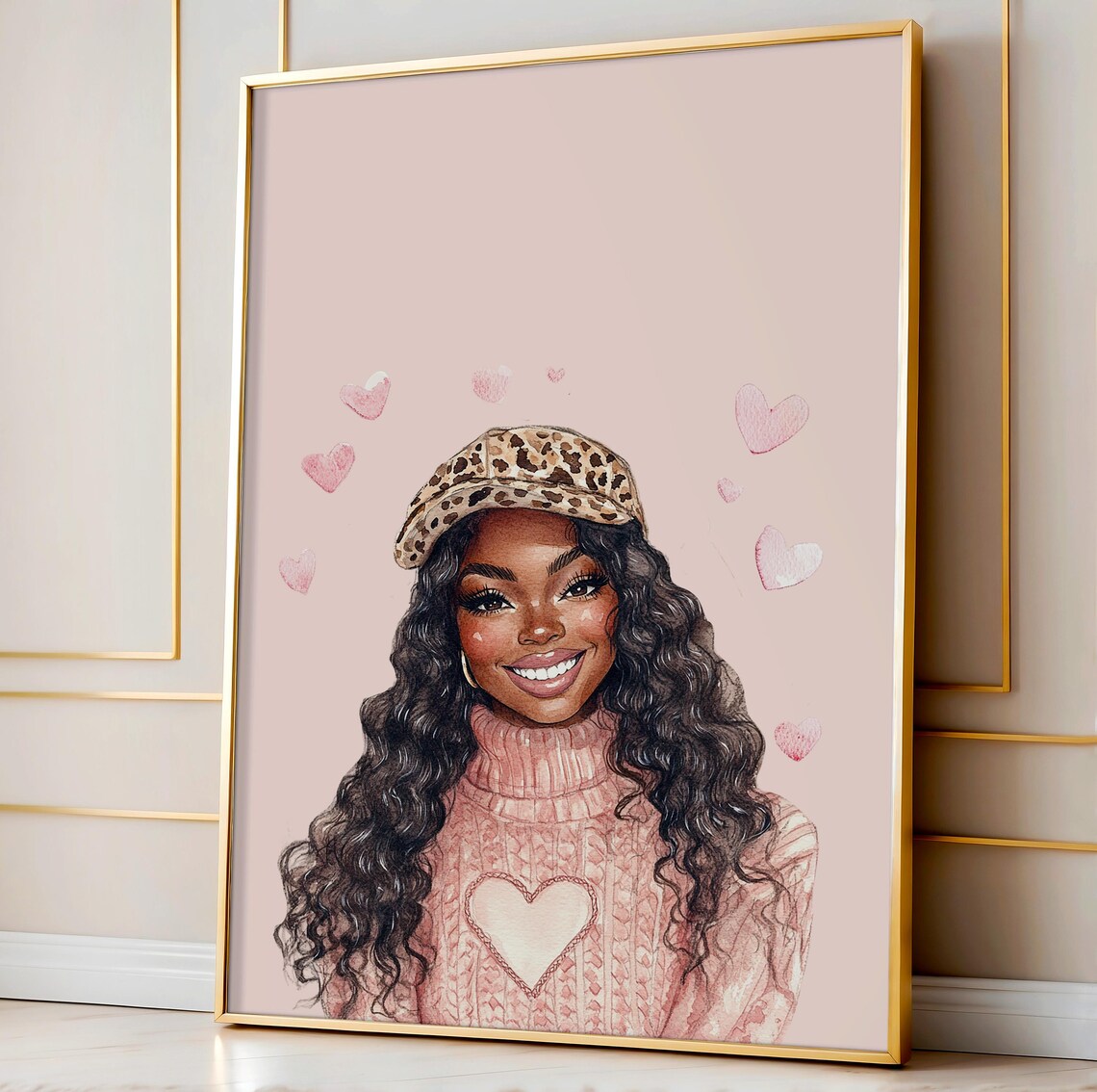 Smiling Black Girl Leopard Beret Pink Heart Sweater Art Poster