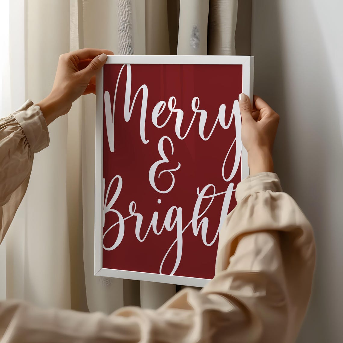 Merry and Bright Script Red Christmas Typography Holiday Art Print - Image 2