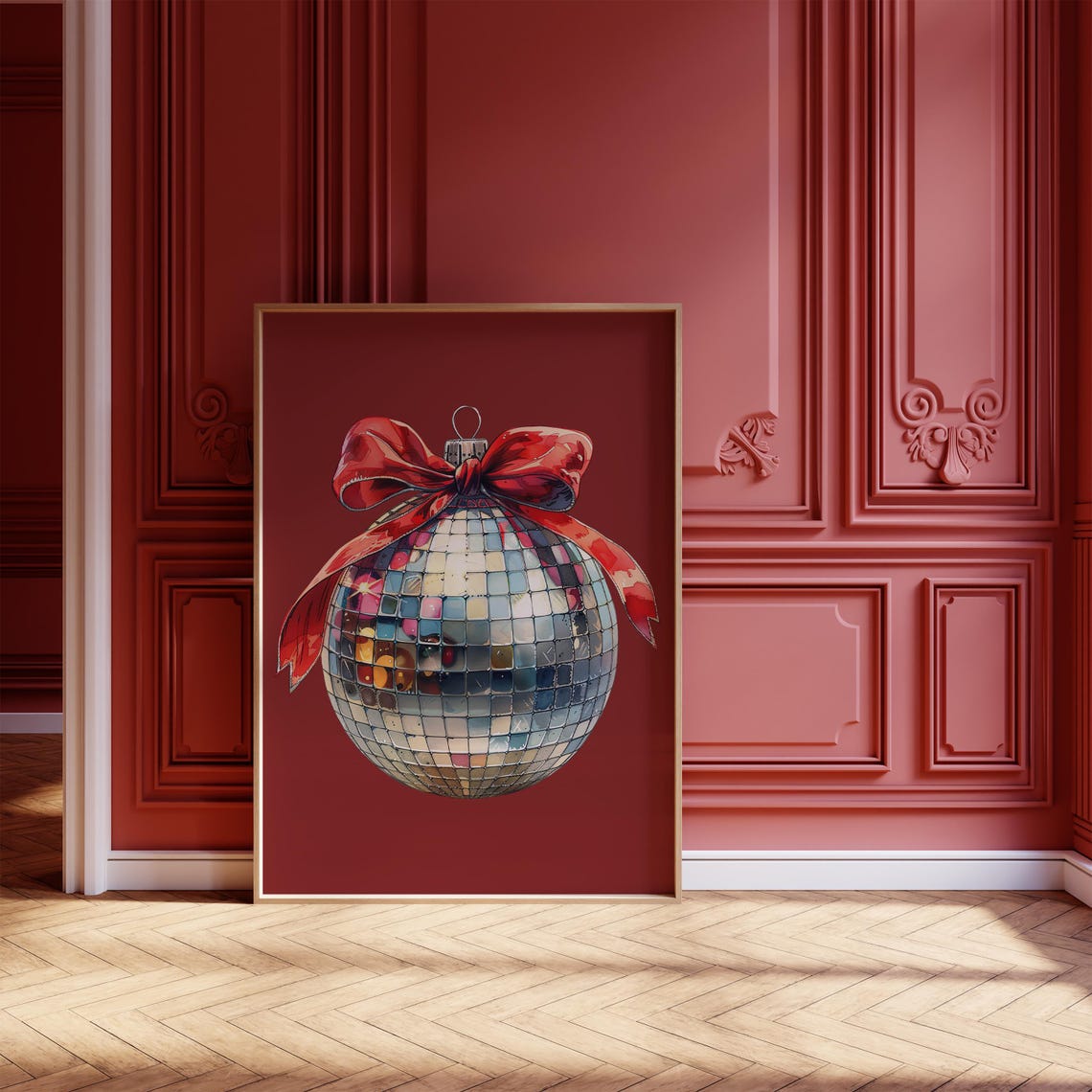 Disco Ball Christmas Ornament Red Bow Retro Holiday Party Wall Art - Image 2