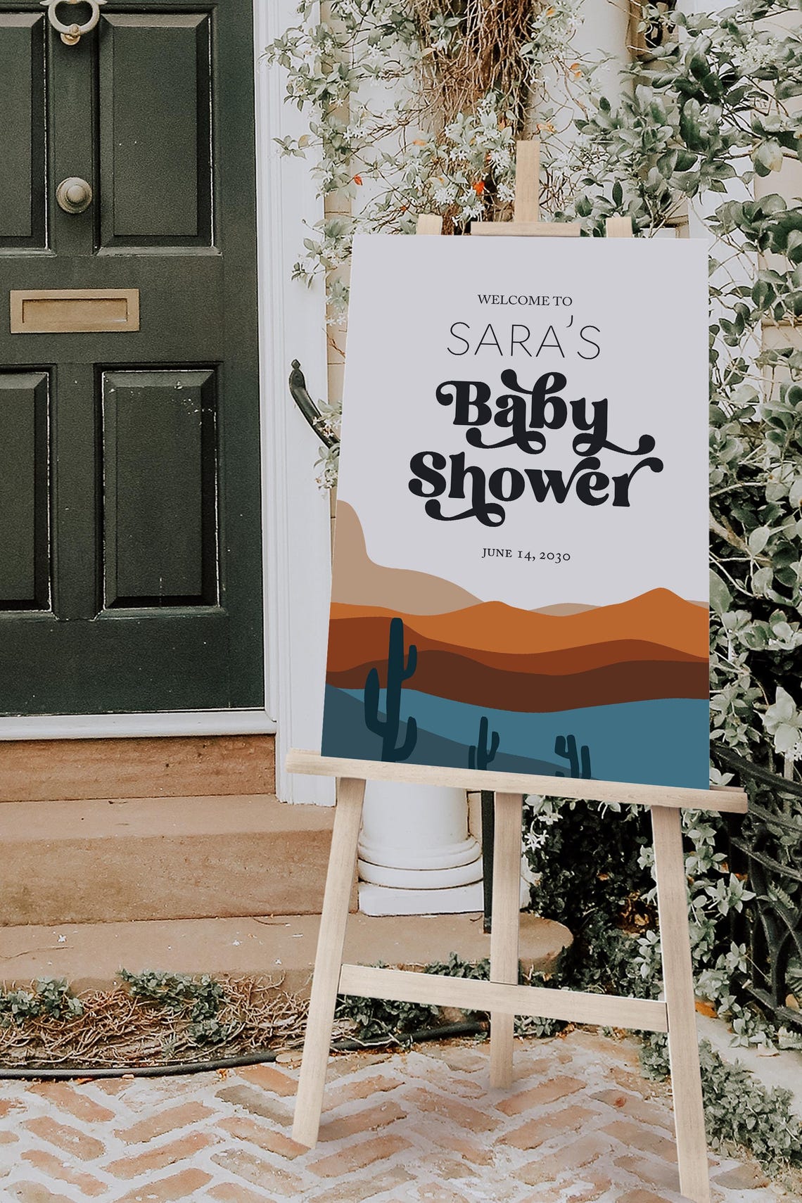 Desert Baby Shower Welcome Sign Template Retro Sunset Cactus Decor - Image 2