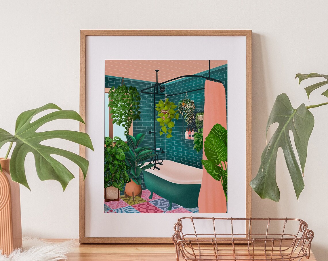 Teal Tiled Bathroom With Clawfoot Tub And Lush Plants Art Poster
