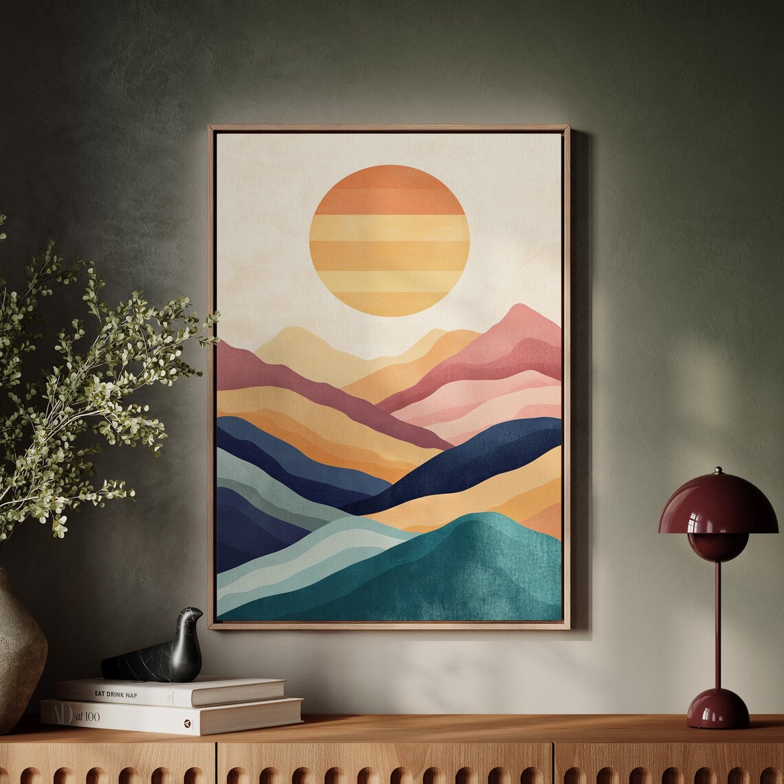 Modern Sunset Mountain Landscape, Minimalist Art Print