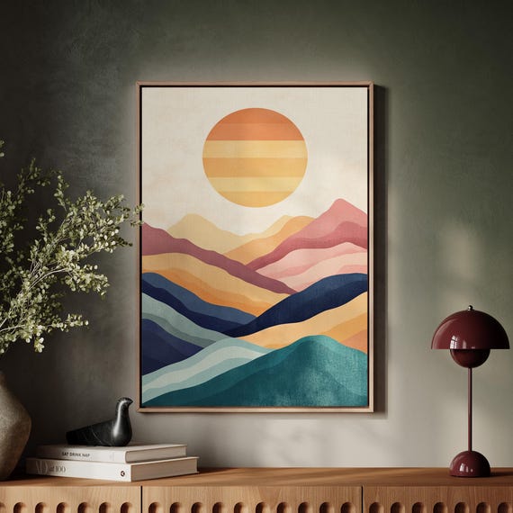 Modern Sunset Mountain Landscape, Minimalist Art Print