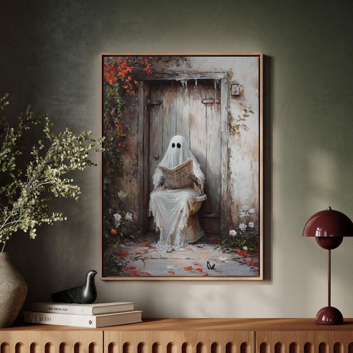 Funny Ghost Reading Newspaper Rustic Outhouse Halloween Bathroom Wall Art Poster