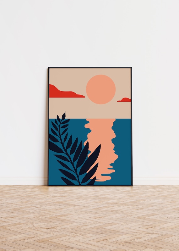 Peach Sunset Ocean Waves Palm Leaf Modern Abstract Art Poster
