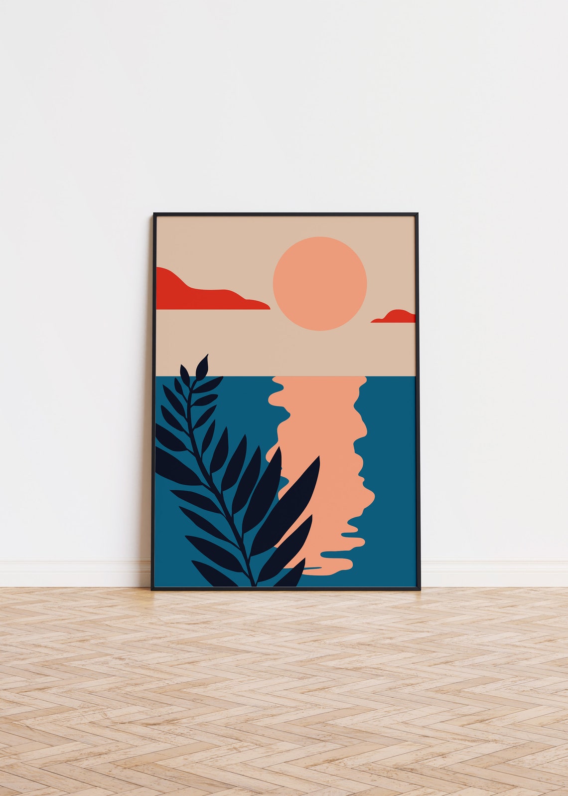 Peach Sunset Ocean Waves Palm Leaf Modern Abstract Art Poster