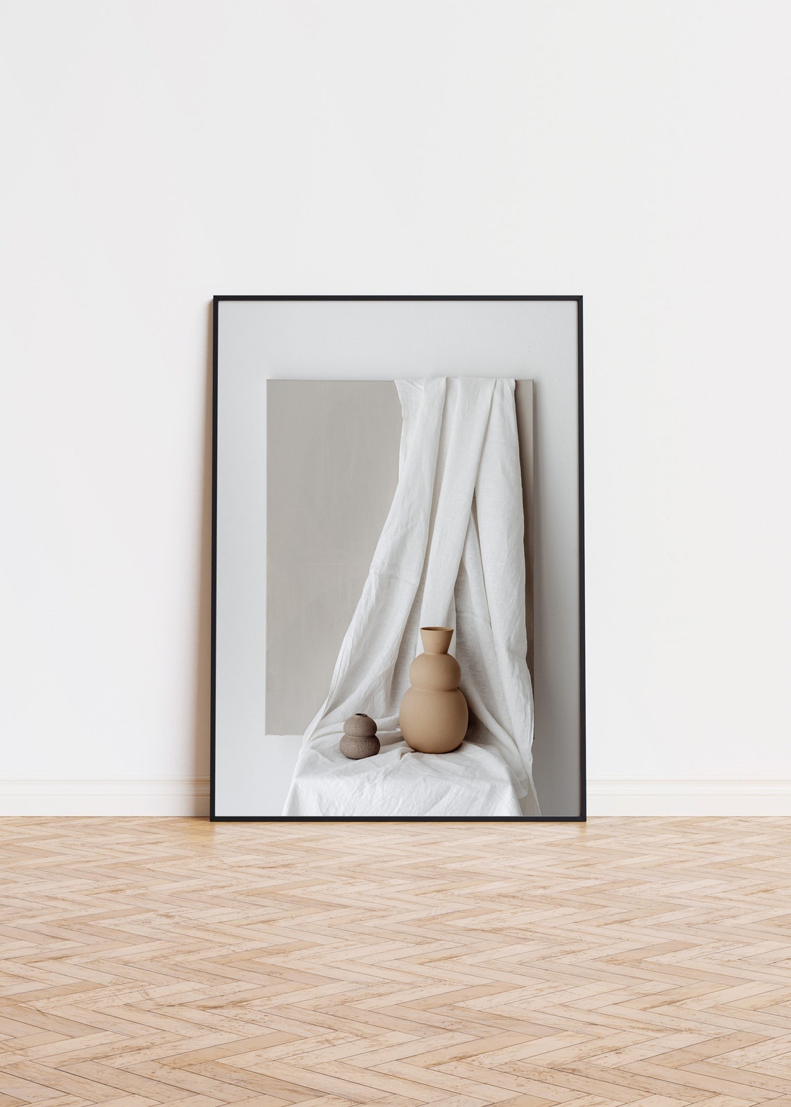 Beige Clay Vases White Linen Still Life Minimalist Art Poster
