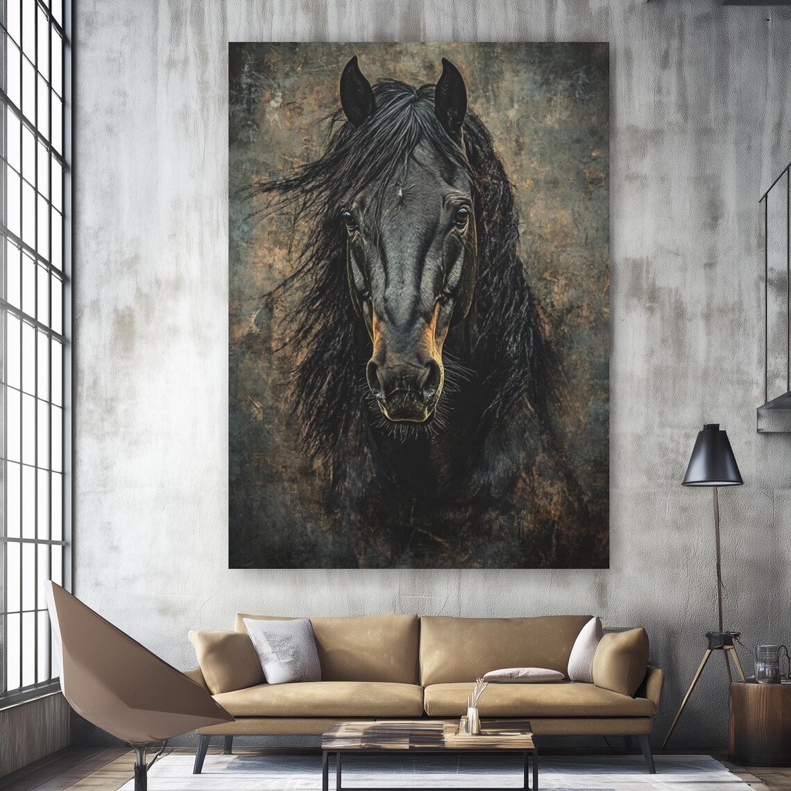 Majestic Black Horse Canvas Portrait Rustic Dark Equestrian Print