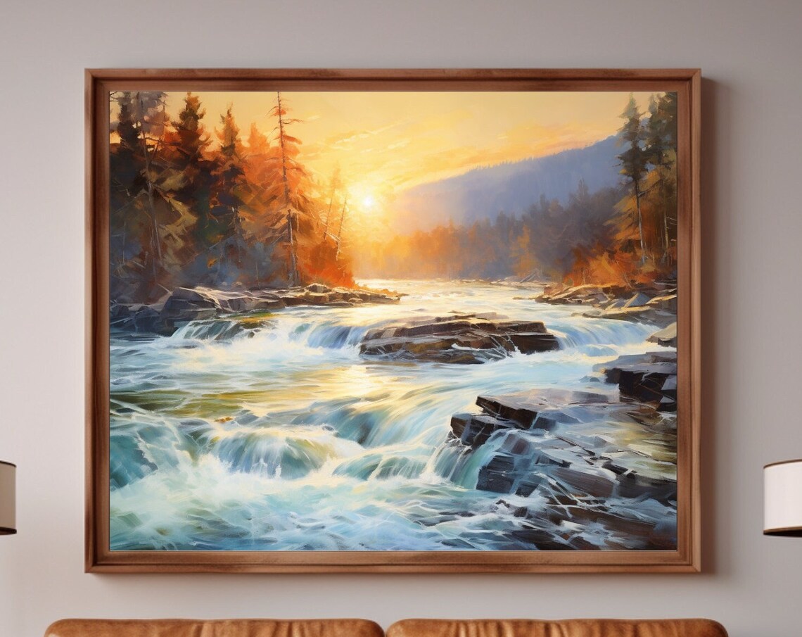 Sunrise River Landscape Art Print, Earthy Tone
