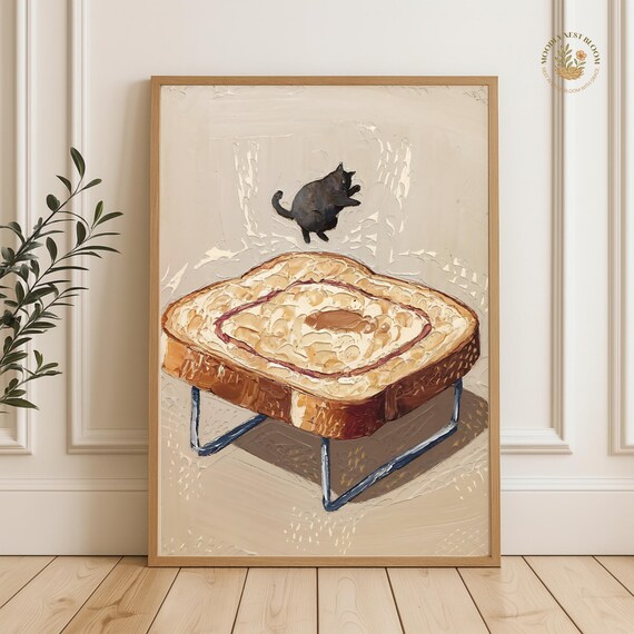 Black Cat Bouncing on a Toast Trampoline Funny Kitchen Poster